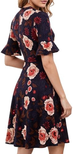 Mokayee Womens Summer V Neck Ruffle Short Sleeve Fit and Flare Knee Length Church Wedding Guest Dresses with Pockets