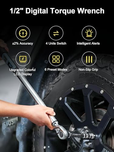 GROWNEER Upgraded Digital Torque Wrench, 12.5-250.7 Ft-lbs/17-340 Nm, 1/2'' Drive Automotive Rachet Torque Wrench with Buzzer & Colorful LED Indicator, Electronic Wrench Set for Car Tires Auto Repair