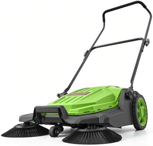 VEVOR Walk-Behind Hand Push Floor Sweeper, Manual Floor Sweeper Non-Electric with 25.6" Sweeping Width, 5 Gallons Waste Container & Adjustable Folding Handle for Yards Walkways Patios Garages - Green