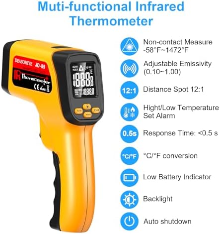 Non-Contact Infrared Thermometer Gun, High Accuracy -58°F to 1472°F, Adjustable Emissivity, Ir Thermometer with Backlit LCD, Over-Temp Alarm, Laser Temperature Gun for Cooking,BBQ,HVAC