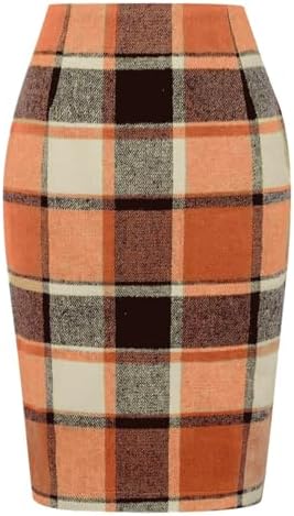 IDEALSANXUN Plaid Skirts for Women Fall Winter Knee Length Pencil Wool Skirt with Slit