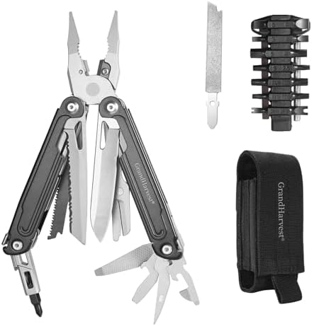 GrandHarvest 17-in-1 Stainless Steel Multi-Tool, self-locking practical multi-tool, equipped with large multi-purpose pliers, folding knife, belt clip, and nylon sheath, men's gift, EDC multi-tool