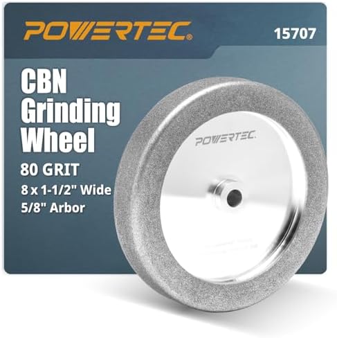 POWERTEC CBN Grinding Wheel 8 Inch 80 Grit, 1-1/2" Wide, 5/8" Arbor – 4-in-1 CBN Sharpening Wheel with 1/4" Radius Edge and Side Face for Bench Grinder (15707)