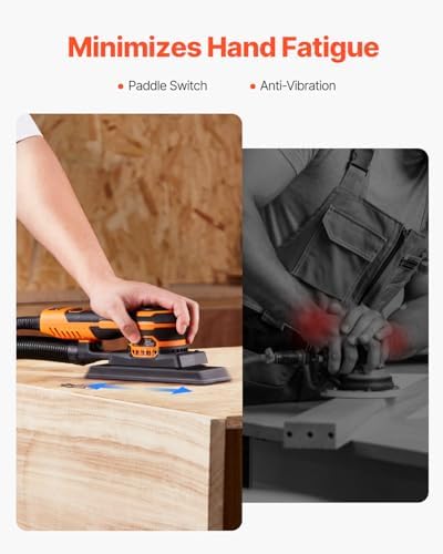 VEVOR 3/8 Sheet 3A EC Brushless Sander, Max. 10000RPM Variable Speed Sheet Finishing Sander with 10PCS Sandpapers and Vacuum Cleaner Adapter for Woodworking