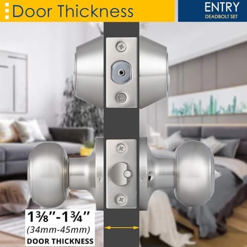 2 Pack Keyed Alike Entry Door Knob and Deadbolt Set, Satin Nickel Double Cylinder Deadbolt Lock Set, Round Style Door Knobs Deadbolt for Exterior/Front Door