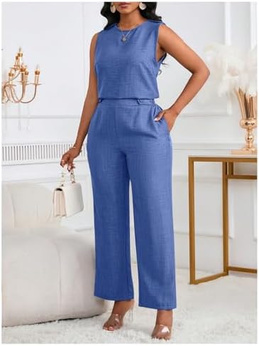 Floerns Women's 2 Piece Sets Dressy Outfits Bussiness casual Crew Neck Sleeveless Blouse and Elegant Pants Set