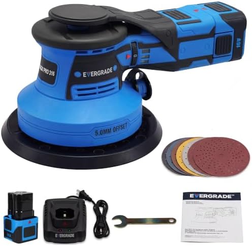 EVERGRADE Cordless Professional DA Random Orbital Sander, AWARD WINNING BRAND, Pneumatic-Performance, 16V Brushless Palm Sander, 3/16" (5.0 mm) Offset for Wood, Auto Body, Paint Prep (EVK-316SK5)