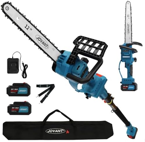 12 Inch Electric Pole Saws for Tree Trimming, 2-in-1 Cordless Pole Saw with 2 x 4.0Ah Battery Powered Chainsaw Lightweight with Shoulder Strap for Thicker Wood Cutting Pruning