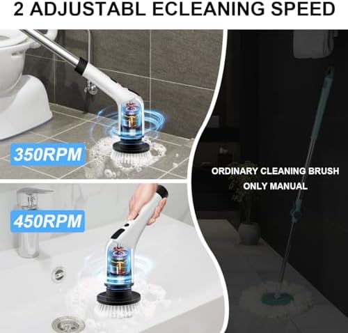Electric Spin Scrubber, Cordless Cleaning Brush with 9 Replaceable Heads, 90 mins Work time 3 Adjustable Retractable Handle 2 Speeds Power Shower Scrubberr for Cleaning Bathroom,Floor,Tub,Kitchen