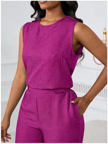 Floerns Women's 2 Piece Sets Dressy Outfits Bussiness casual Crew Neck Sleeveless Blouse and Elegant Pants Set