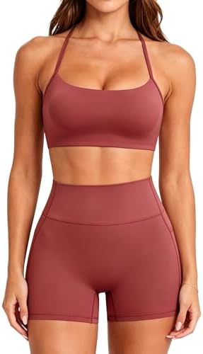 SUUKSESS Women 2 Piece Workout Sets Padded Halter Sports Bras High Waisted Biker Shorts with Pockets