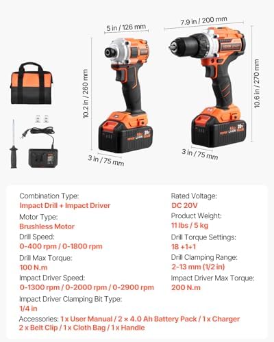VEVOR Tool Combo Kit, 20V Max Cordless 2-Tool Combo Kit, with 1/2 in Impact Drill, 1/4 in Impact Driver, Compact Cordless Power with 4.0 Ah Batteries, Screws, Charger, and Cloth Bag