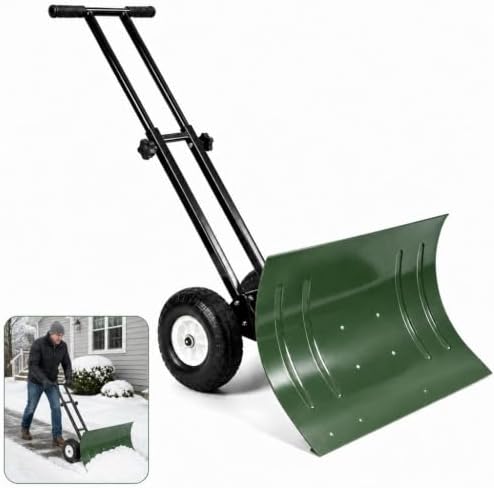 GarveeLife Wheeled Snow Shovel - 29in Steel Blade, 10in Wheels Green/Black