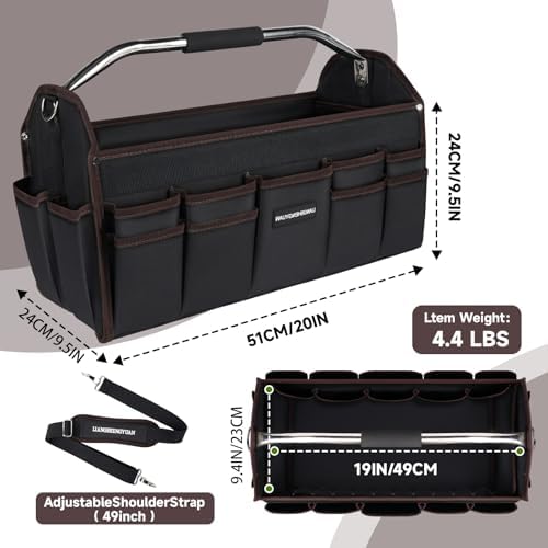 20 In Tool Carrier, Open Top Tool Tote 30 Pockets, Waterproof Tool Bag For Men, Foldable Wide Mouth Electricians Tool Bag, With Stainless Steel Handle and Removable Shoulder Strap
