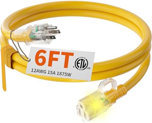 HUANCHAIN 6FT 12 Gauge Extension Cord Yellow, Outdoor Electric Cable