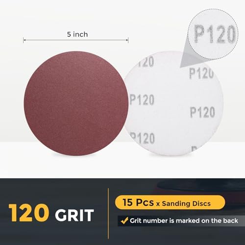 HARFINGTON 15 Pcs 5 Inch Sanding Discs 120 Grit Red Aluminum Oxide