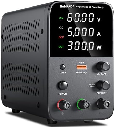 DC Power Supply Variable, Bench Power Supply with Encoder Adjustment Knob, Output Enable/Disable Button, Adjustable Power Supplies with USB Quick-Charge, Short Circuit Alam (60V 5A Black)