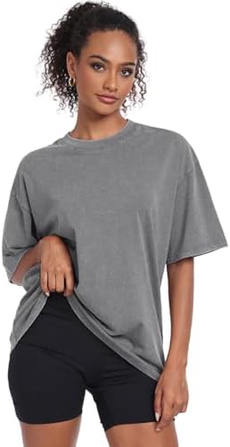 Womens Vintage Oversized T Shirts Acid Washed Baggy Cotton Tee Workout Gym Shirts Boyfriend Short Sleeve Tops