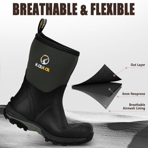 Kalkal Rubber Boots for Men, Waterproof Insulated Mid Calf Mens Rain Boots