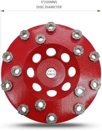 Diamond Grinding Cup Wheel for Hard Concrete Floor, Epoxy Coating Removal, 15 Aggressive Honeycomb Segments, 5 Inch 5/8”-11 Thread, 30/40 Grit