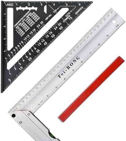 FEIRONG 3-in-1 Carpenter Square Tools,7" Triangle Square 10" L Shaped Ruler and Carpenter Pencil,Framing Square for Furniture and Cabinet Making