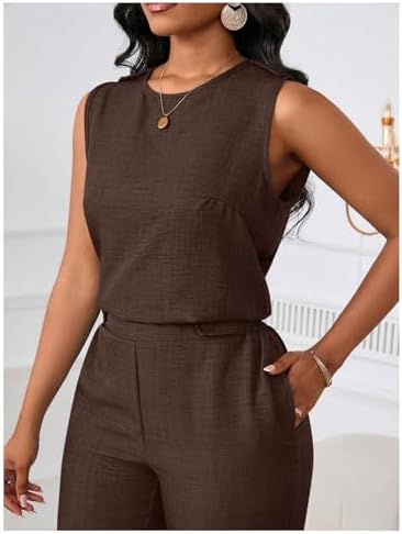 Floerns Women's 2 Piece Sets Dressy Outfits Bussiness casual Crew Neck Sleeveless Blouse and Elegant Pants Set