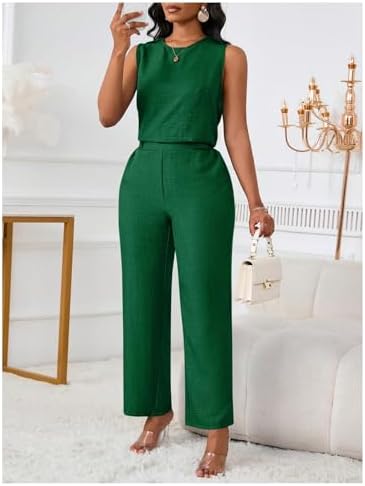Floerns Women's 2 Piece Sets Dressy Outfits Bussiness casual Crew Neck Sleeveless Blouse and Elegant Pants Set