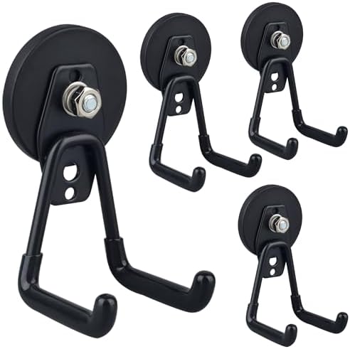 ULIBERMAGNET Heavy Duty Magnetic Garage Hooks,4 Pack Strong Large Magnet Hook for Power Drill,Garden Tools,Hose,Pegboard,Garage, Workshop,Magnetic Storage Hooks for Indoor Outdoor Hanging(Black)
