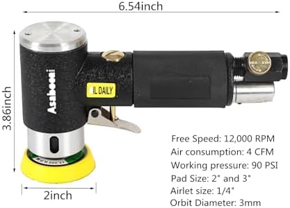 2" & 3" Mini Air Random Orbital Sander, Professional Pneumatic Palm Sander with M6 Thread Plate, Hook and Loop Sanding Pads, High Speed 15000 RPM Buffing & Polishing Kit for Auto Body, Spot Repair