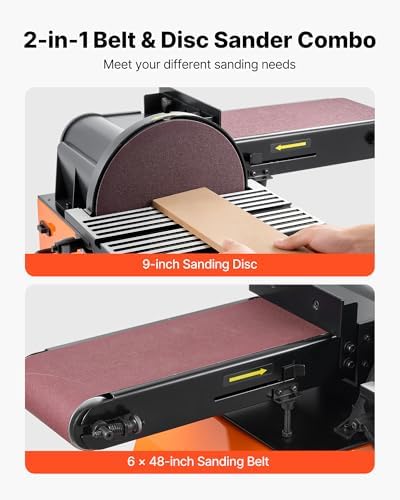 VEVOR Professional Belt Sander with Stand, 9" Disc & 6" x 48" Belt Sander Combo, 800W Sanding Machine with 0-45° Adjustable Worktable for Woodworking, Furniture Refinishing, Knife Sharpening