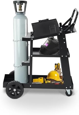 Garvee 3 Tier Welding Cart, Heavy Duty Welder Cart with 360° Swivel Wheels, Tank Storage Safety Chains, Rolling MIG Welder Cart for TIG, ARC, MMA, Plasma Cutter Welding Machine, Black