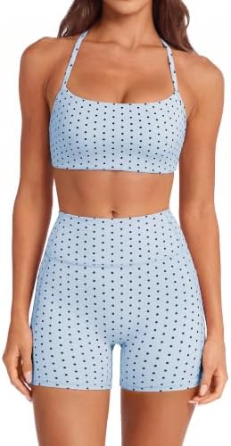 SUUKSESS Women 2 Piece Workout Sets Padded Halter Sports Bras High Waisted Biker Shorts with Pockets