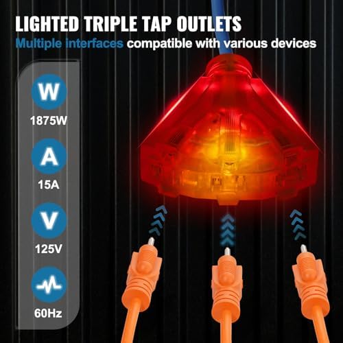 VEVOR 65FT Retractable Extension Cord Reel, 12AWG/3C SJTOW Heavy Duty Power Cord w/Lighted Electrical Triple Tap Outlets, 15A Circuit Breaker,180° Swivel Bracket for Workshop or Garage, Blue