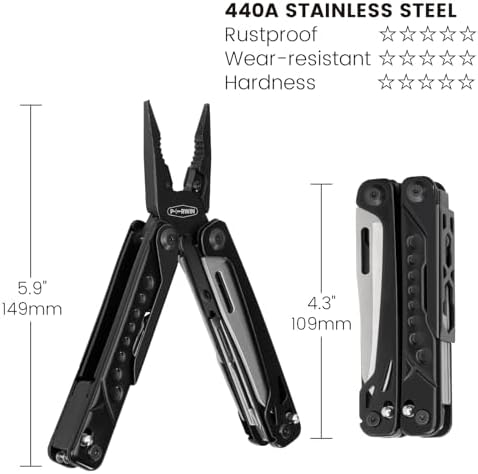 PERWIN Multitool, 20-in-1 Stainless Steel Multi Tools Pliers with Nylon Sheath, Safe Locking, Professional Multi-Tool for Survival, Camping and Hunting, Black