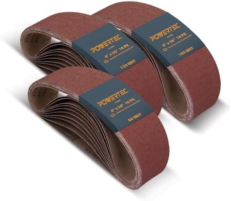 POWERTEC 30PK 4x36 Sanding Belts, 10 Each of 80/120/180 Grits Aluminum Oxide, 4 x 36 Inch Sanding Belts for Benchtop Belt and Disc Sander, Belt Sandpaper, Woodworking, Metalworking, Paint (110682)