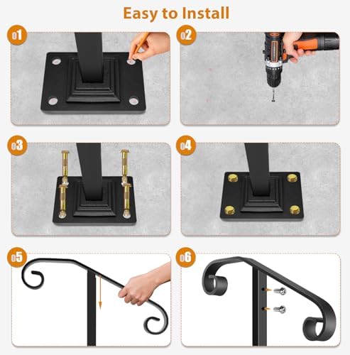 Handrail Railing, Single Post Handrail, Sturdy Outdoor Handrails with Base, Wrought Iron Stair Handrail Fits 1 or 2 Steps, Grab Rail for Steps Porch, Black | Wrought Iron Stair Handrail, Grab Rail for Steps Porch, Sturdy Outdoor Handrails with Base, Black