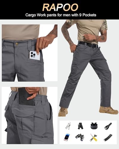 Rapoo Men's Ripstop Cargo Pants Work Pants EDC with 9 Pockets Hiking Pants