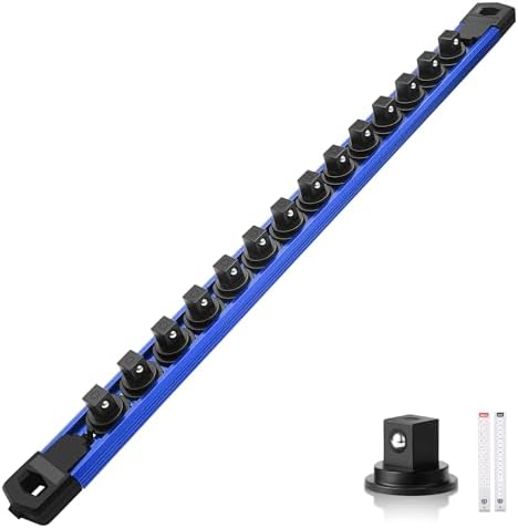 Reniteco Magnetic Socket Organizer, 3/8” Aluminum Alloy Rail, 14 Clips | Heavy-Duty Socket Rails, Removable 360° Swivel ABS Clips, Magnetic Base, Tool Box Drawer or Wall Mount