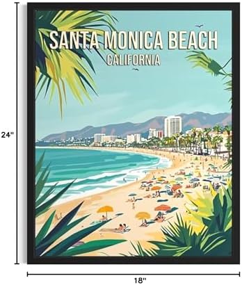 Santa Monica Beach California Black Framed Wall Art Print Poster, US Vintage Retro Beach Scenery Posters Prints for Restroom Home Picture Painting Artwork Gallery 219 (Santa Monica Beach California, 24"L x 18"W, Black Frame)