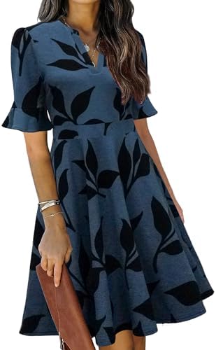 Mokayee Womens Summer V Neck Ruffle Short Sleeve Fit and Flare Knee Length Church Wedding Guest Dresses with Pockets