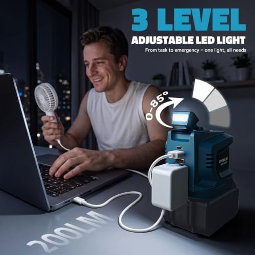 LIVOWALNY 220W-250W Power Inverter Compatible with Makita 18V Battery, DC 18V to AC 110-120V Power Station with 1 AC Outlet, 2 USB, 1 Type-C & LED Light, for Camping Power Outage (No Battery) (2-Pack)