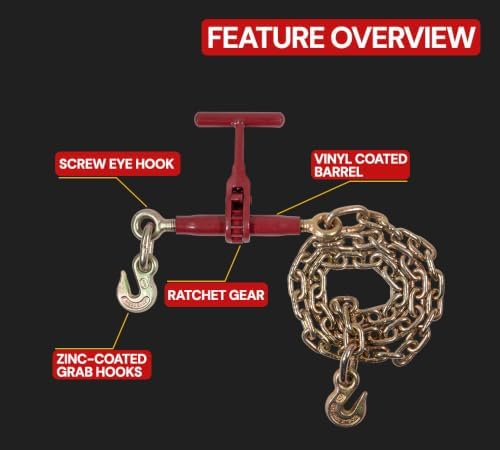 4 Pack 5/16"-3/8" Durabilt T-Handle Ratchet Chain Binder with 6' Chain Extension & Grab Hooks - 7,100 lbs WLL Heavy Duty Tie Down Hauling Load Chain Binders for Flatbed Trailer