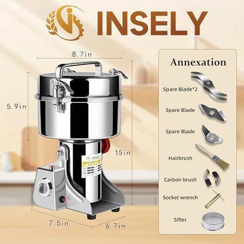 Grain Mill Grinder 2000g High Speed Food Grain Mill Stainless Steel Seeds Flour Nut Wheat Corn Spices & Seasonings Dry Grinder Electric Machine Grinder for Kitchen