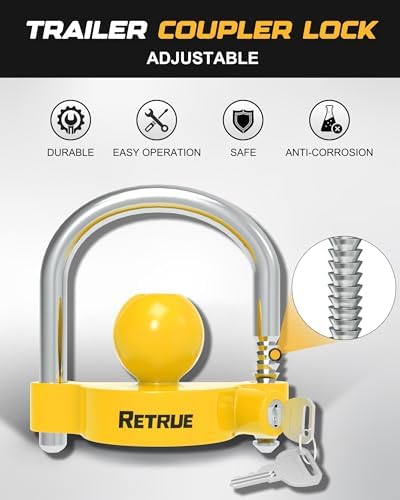 RETRUE Universal Coupler Lock Trailer Locks Ball Hitch Trailer Hitch Lock Adjustable Security Heavy-Duty Steel Fits 1-7/8 Inch, 2 Inch, 2-5/16 Inch Couplers, Bright Yellow, Light Weight (Pack of 2)
