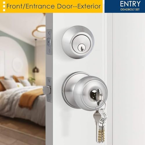 1 Pack Keyed Alike Entry Door Knob and Deadbolt Set, Satin Nickel Double Cylinder Deadbolt Lock Set, Round Style Door Knobs Deadbolt for Exterior/Front Door