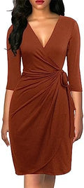 Berydress Women's 3/4 Sleeve V Neck Casual Party Work Faux Black Wrap Dress