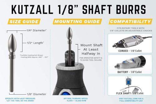 Kutzall 4-Piece Rotary Burr Detail Kit - 1⁄8" Shaft, Fine – Wood Carving Bit for Dremel, Foredom, Ryobi, DeWalt, Milwaukee Tools - Structured Tungsten Carbide, 18FKIT02