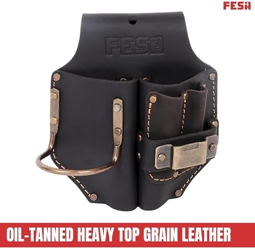 FESA Durable Leather Pliers Holster - Leather Double Plier Holder for Belt with Steel Hammer Holder, Tape Clip & 2 Carpenter's Pencil Pockets - Clip On Any Belt - Handcrafted