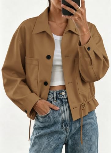 Womens Funnel Neck Jackets Fall Casual Ruffle Hem Cropped Coats