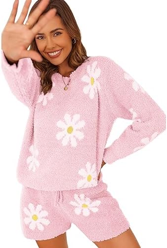 Ekouaer Fuzzy Fleece Pajamas 2 Piece Warm Soft Lounge Set Long Sleeve Sweater Top and Shorts Loungewear Outfits Sweatsuits